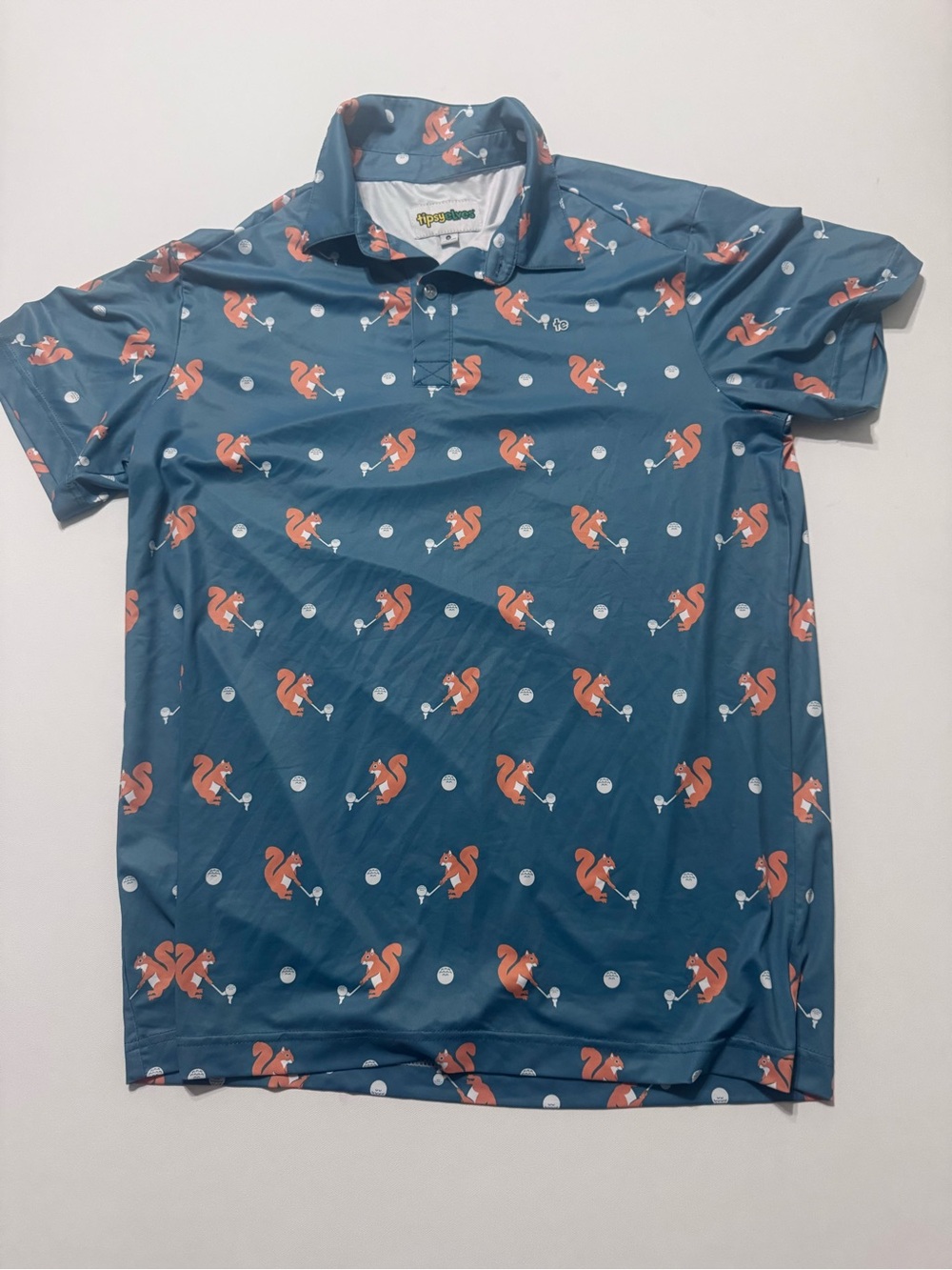 Tipsy Elves Blue Polo with Orange Squirrel Print Extra Soft Dry Fit